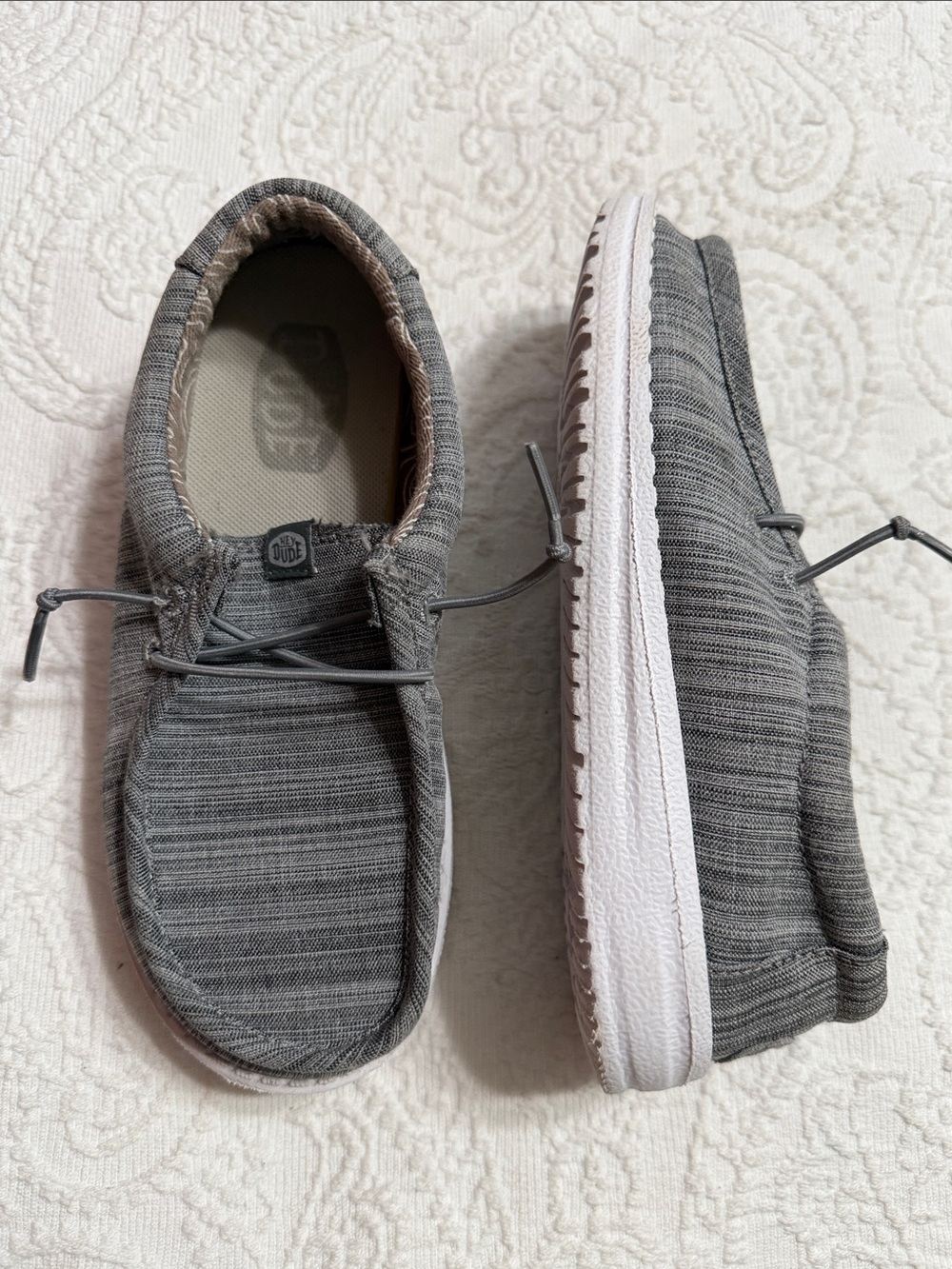 Hey Dude Size 2 Wally Stone Kids Grey Canvas Moccasins